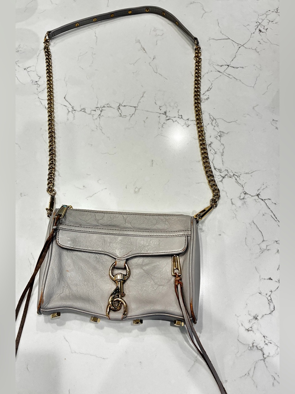 Rebecca Minkoff Mini MAC Grey Leather Crossbody Bag Gold Chain Dog Clip